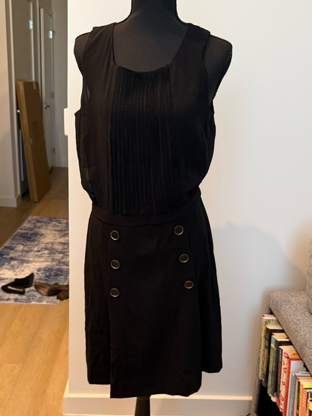 Black LOFT Dress with Gathered Waistline, & Decorative Pleats/Buttons - Size 6